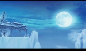 雪落无声，映着月光。吊桥、石阶在月下清晰可见。